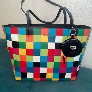 Karl Lagerfeld Colorful Checkered Tote with Black Accents